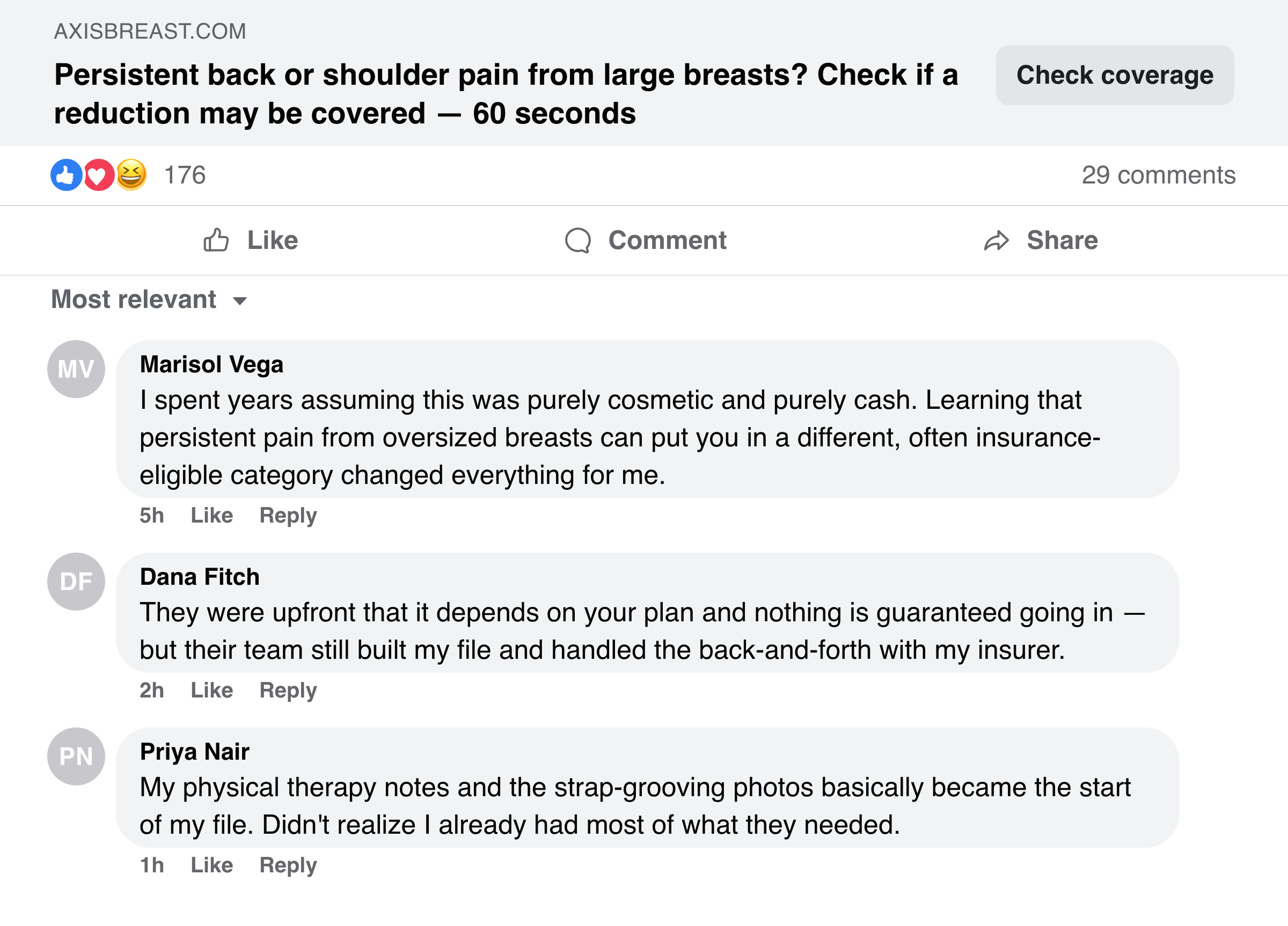 Facebook post and comments about checking whether a reduction may be covered by insurance