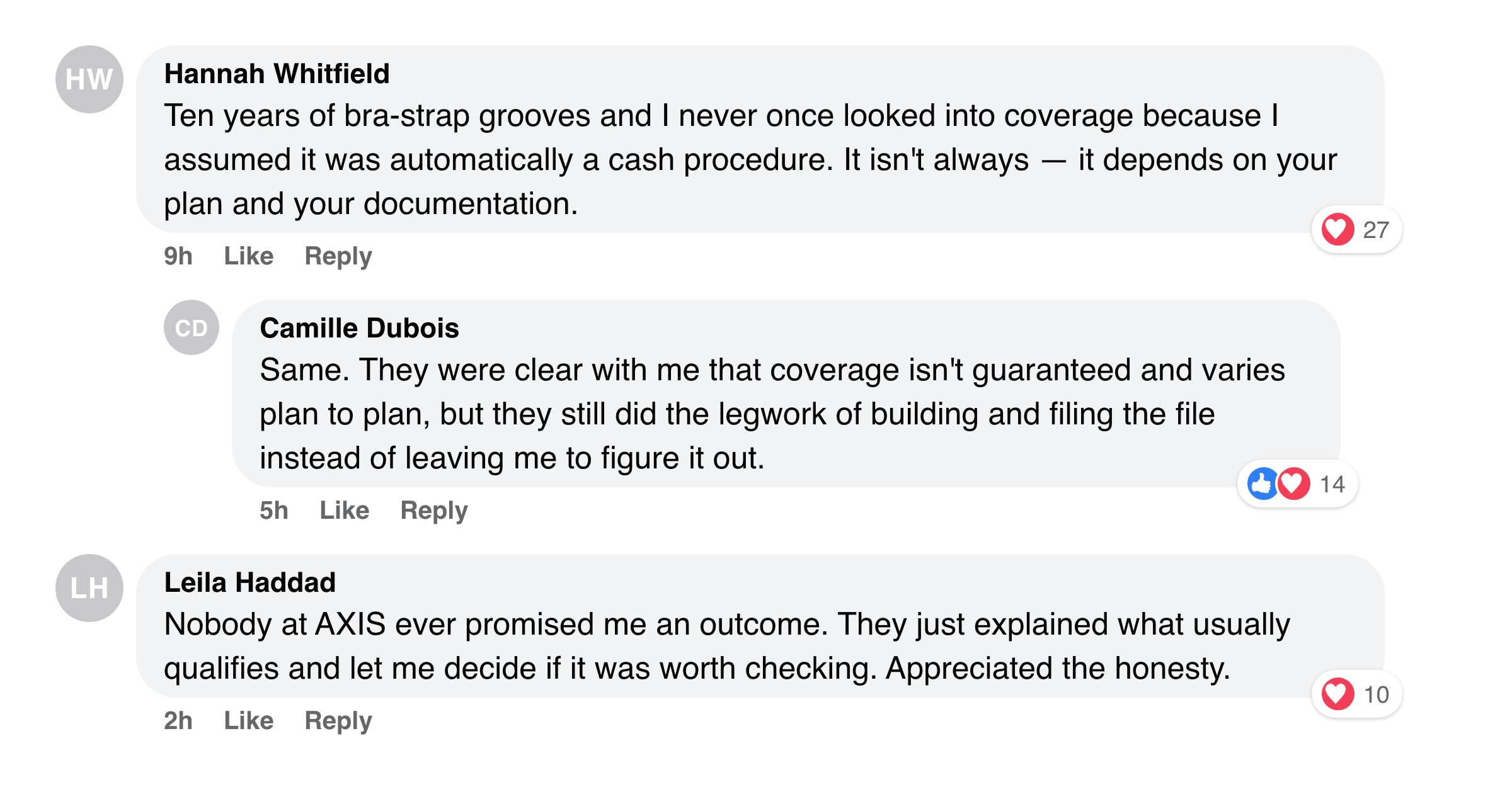 Facebook comments about oversized breasts being a documented medical condition, not just cash-pay