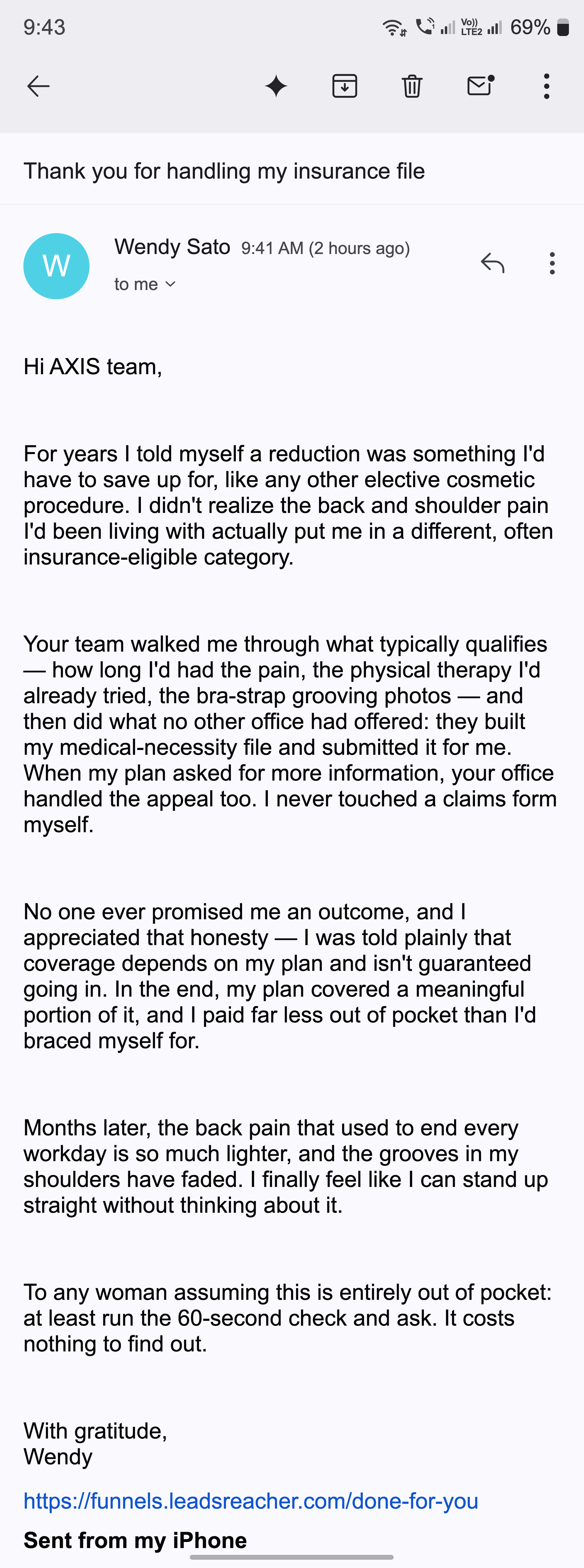 A thank-you email from a woman whose insurance file and appeal were handled for her