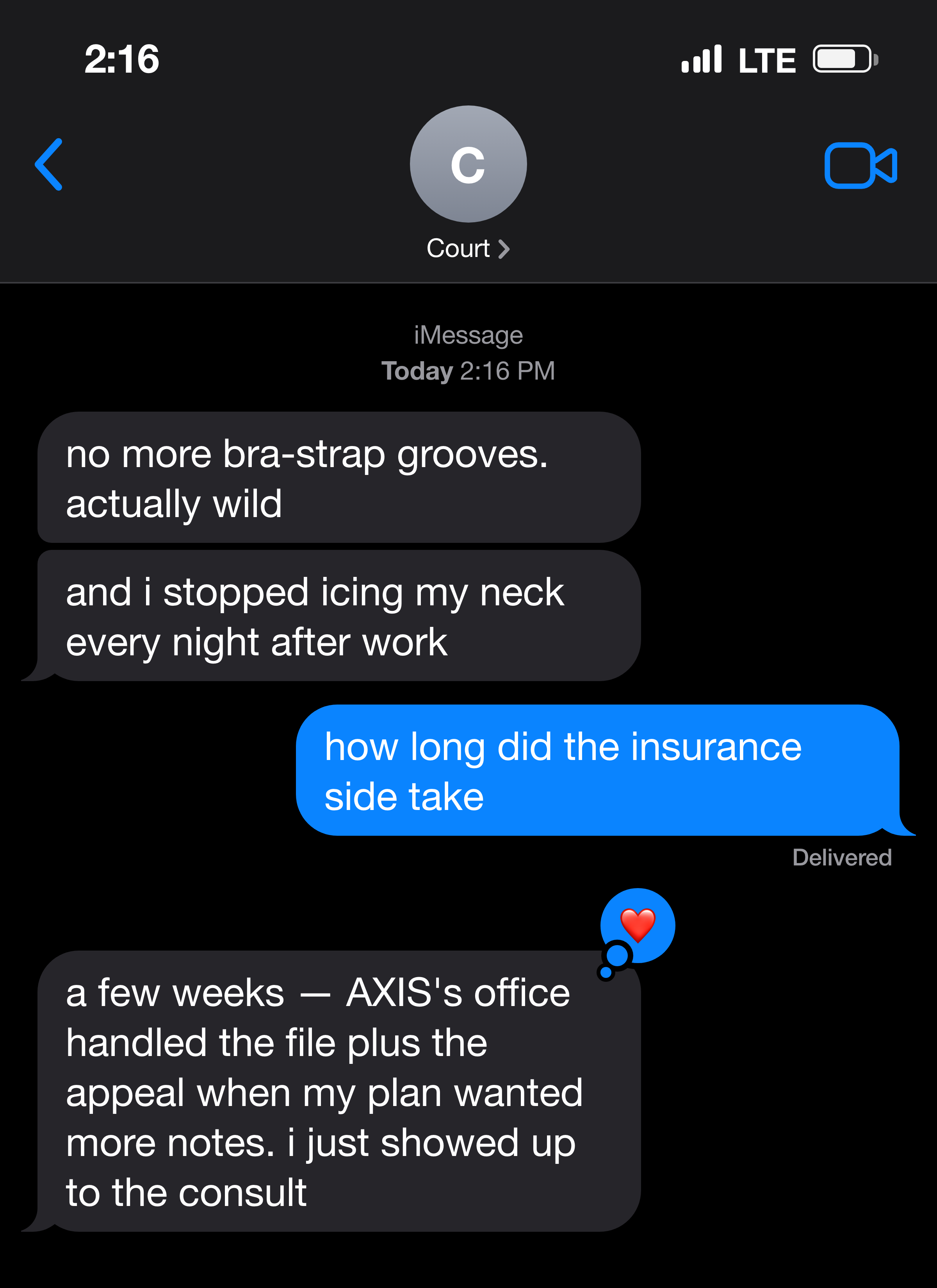 Text message about bra-strap grooves and back pain easing after checking coverage