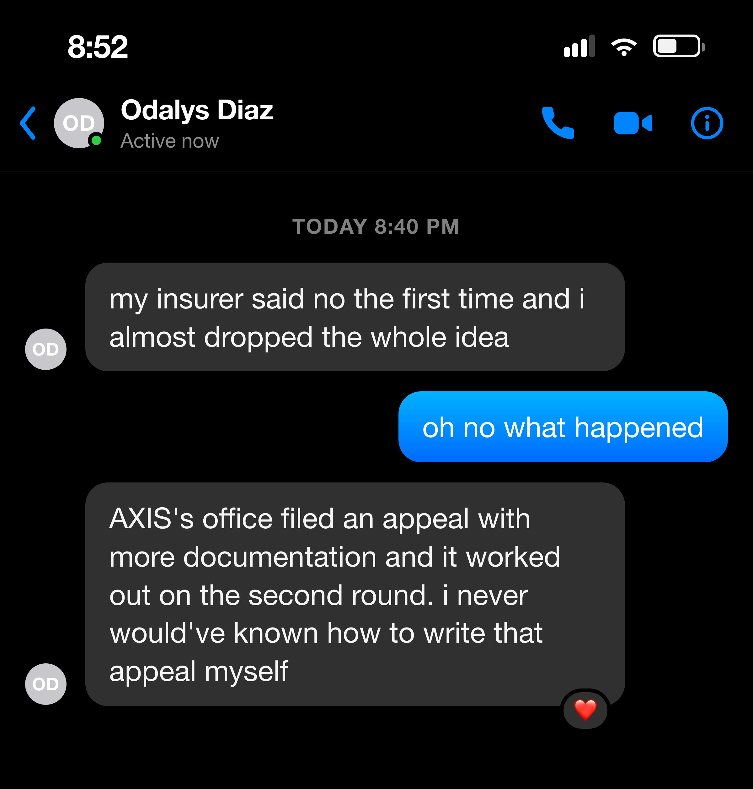 Messenger note about an insurance appeal being filed and handled by the clinic's office
