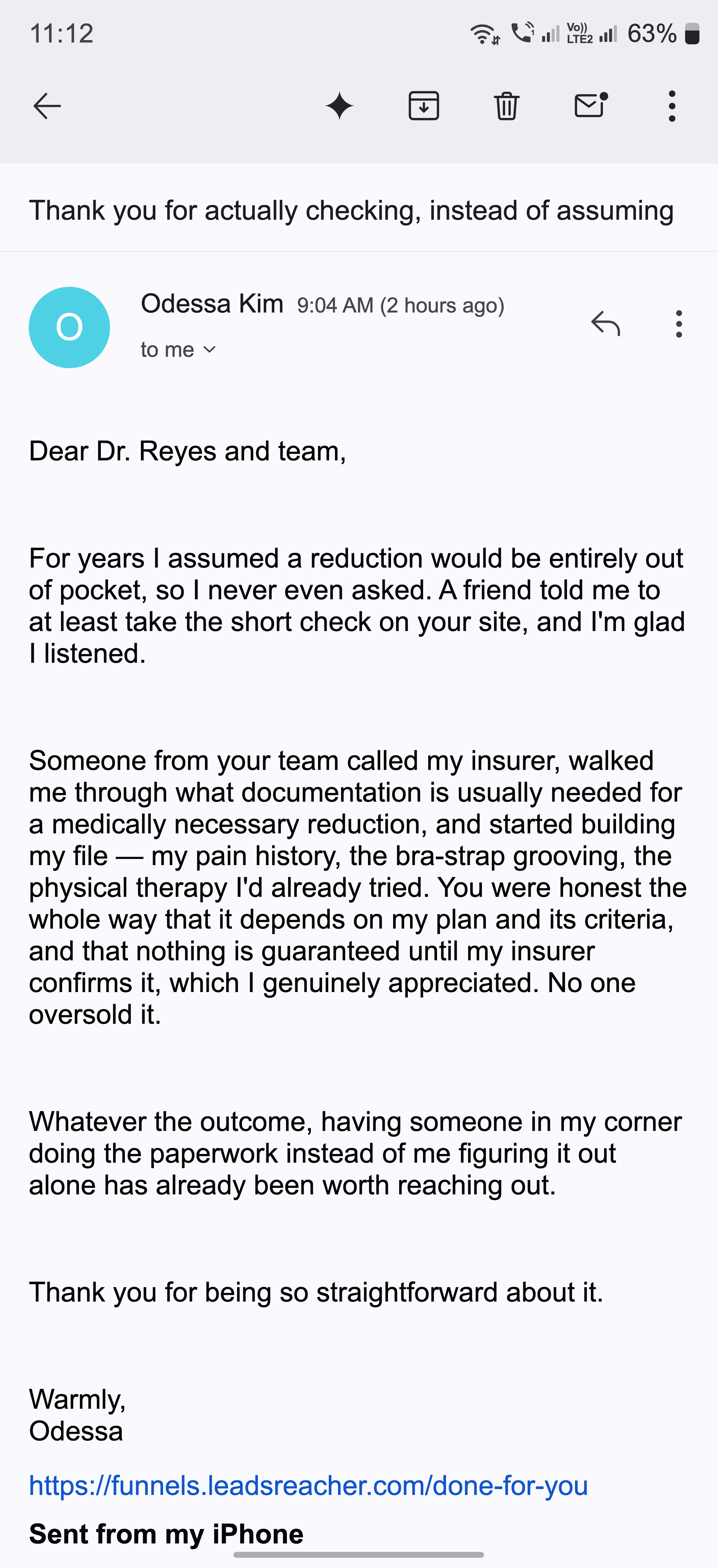Thank-you email about the clinic checking coverage instead of assuming it wasn't covered