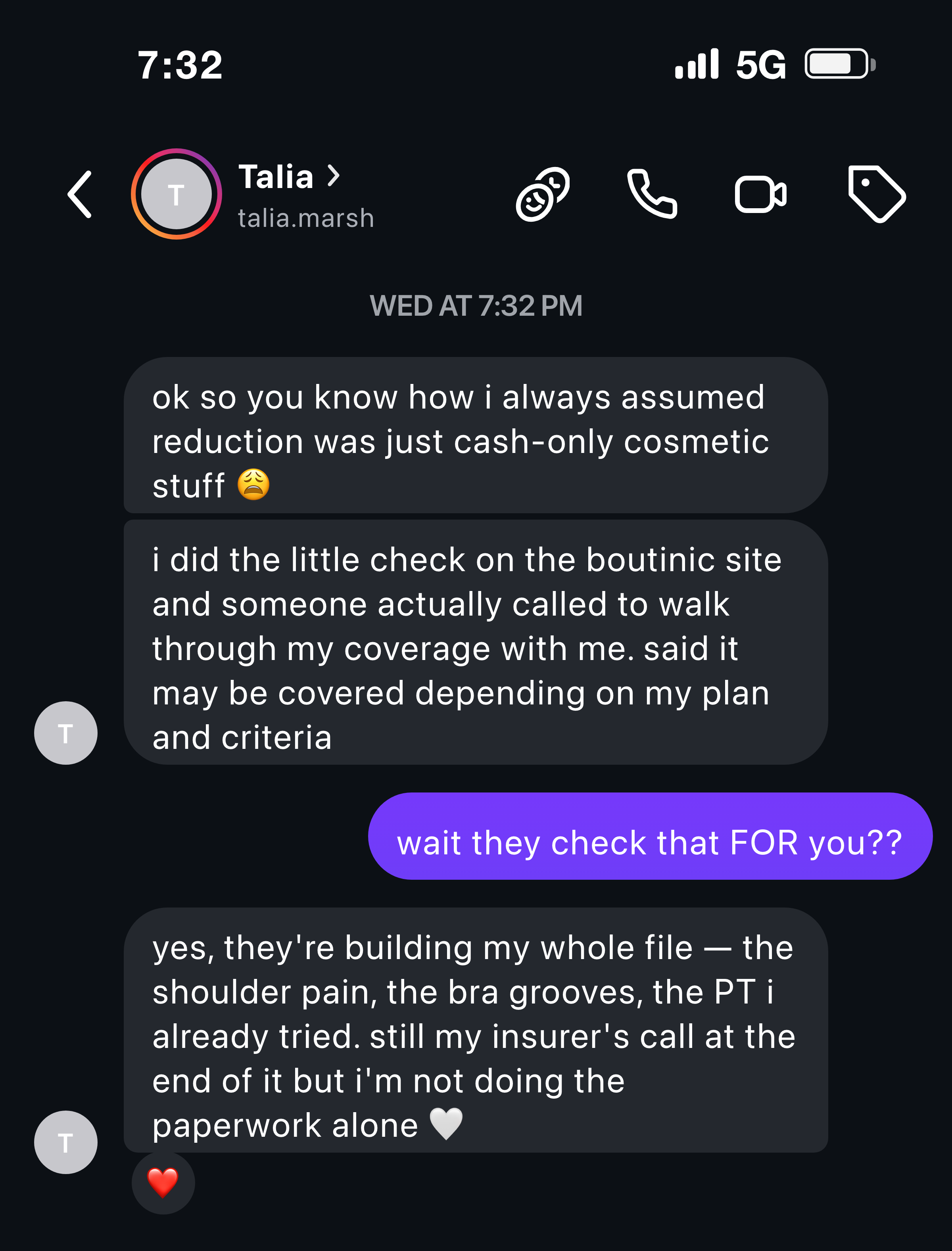 Instagram message about someone finally checking their insurance coverage for a reduction