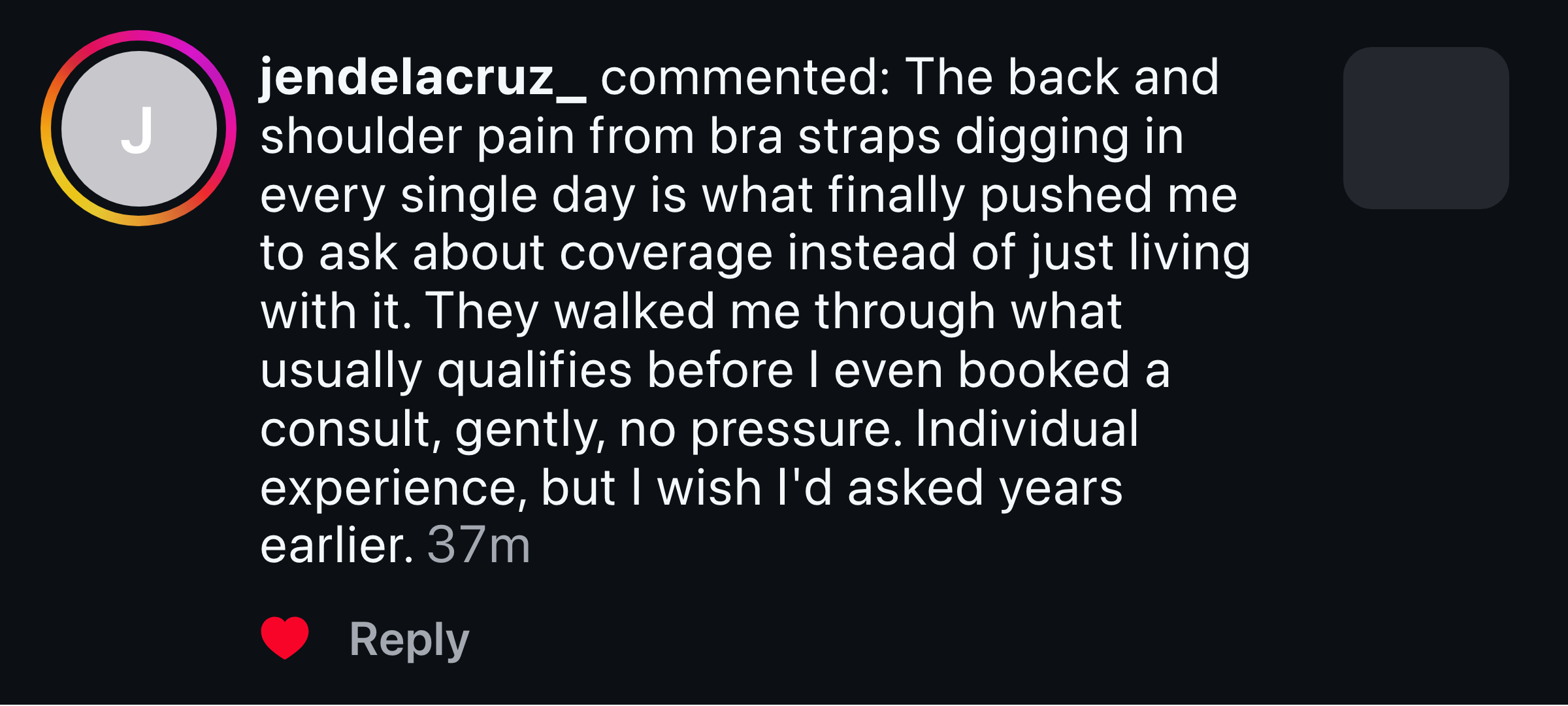 Instagram comment about back and shoulder pain from bra straps prompting a coverage check
