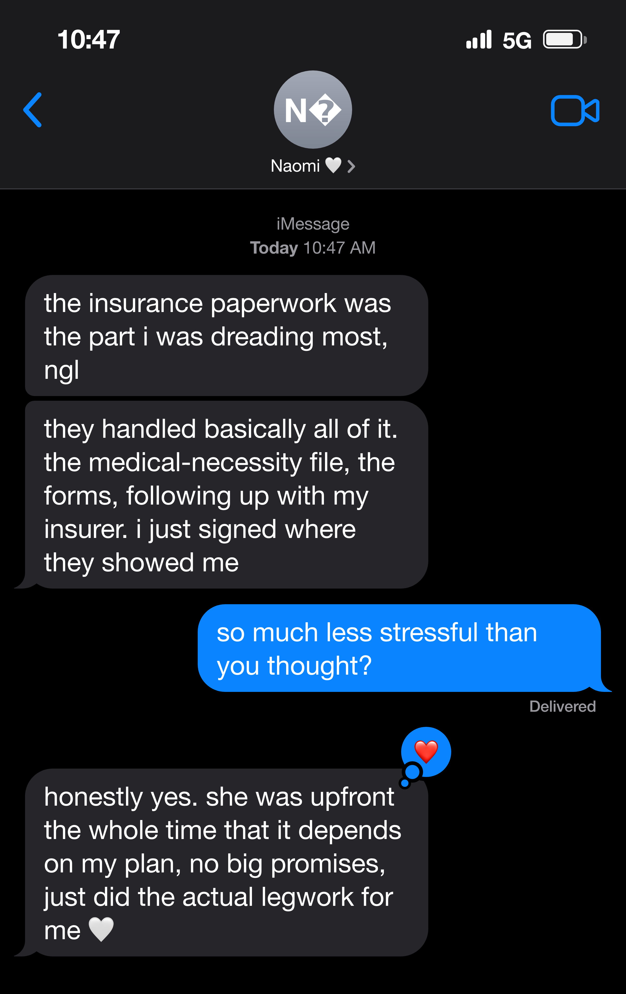 Text messages about the clinic handling the insurance paperwork