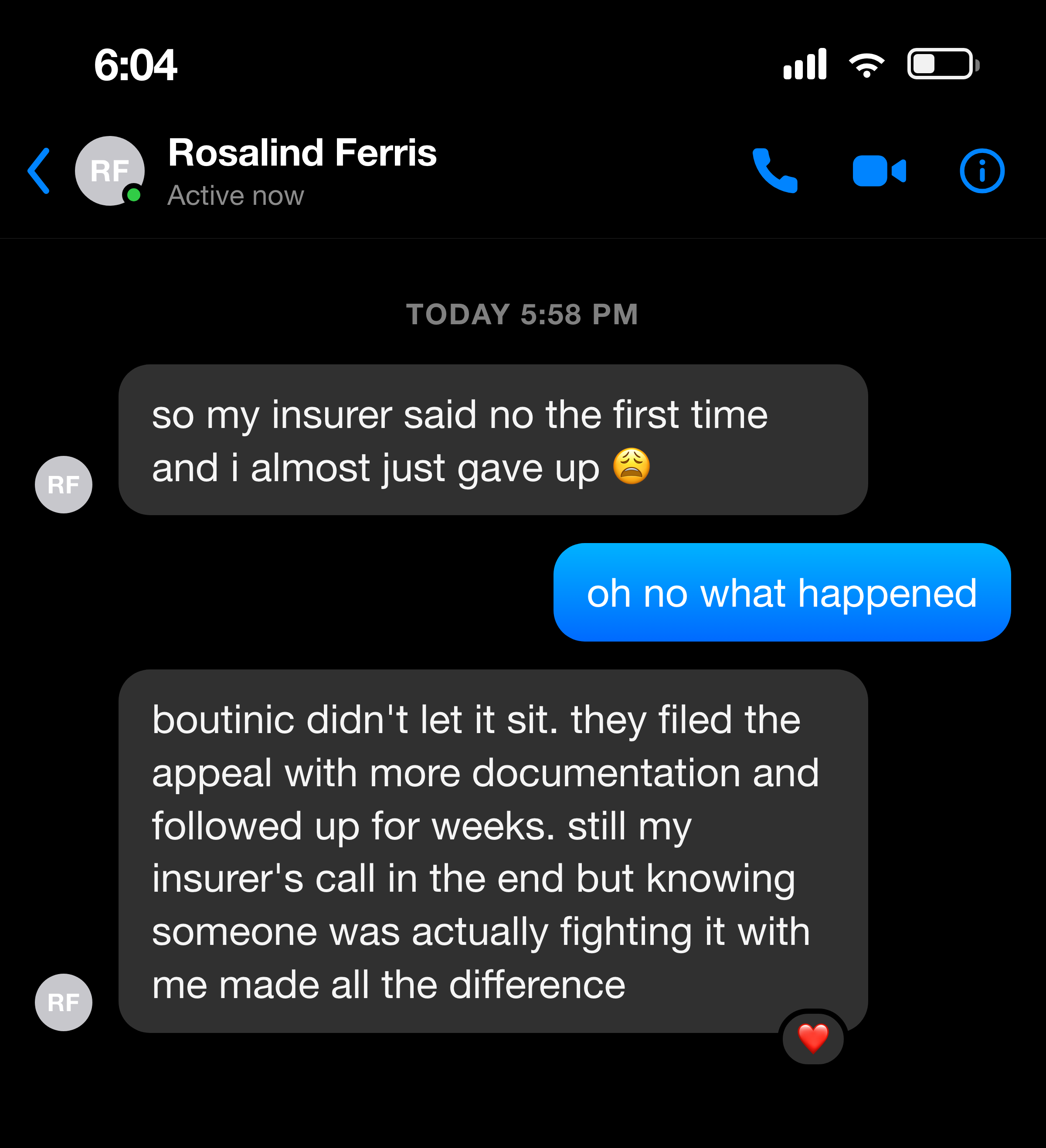 Messenger conversation about an insurance appeal filed on someone's behalf