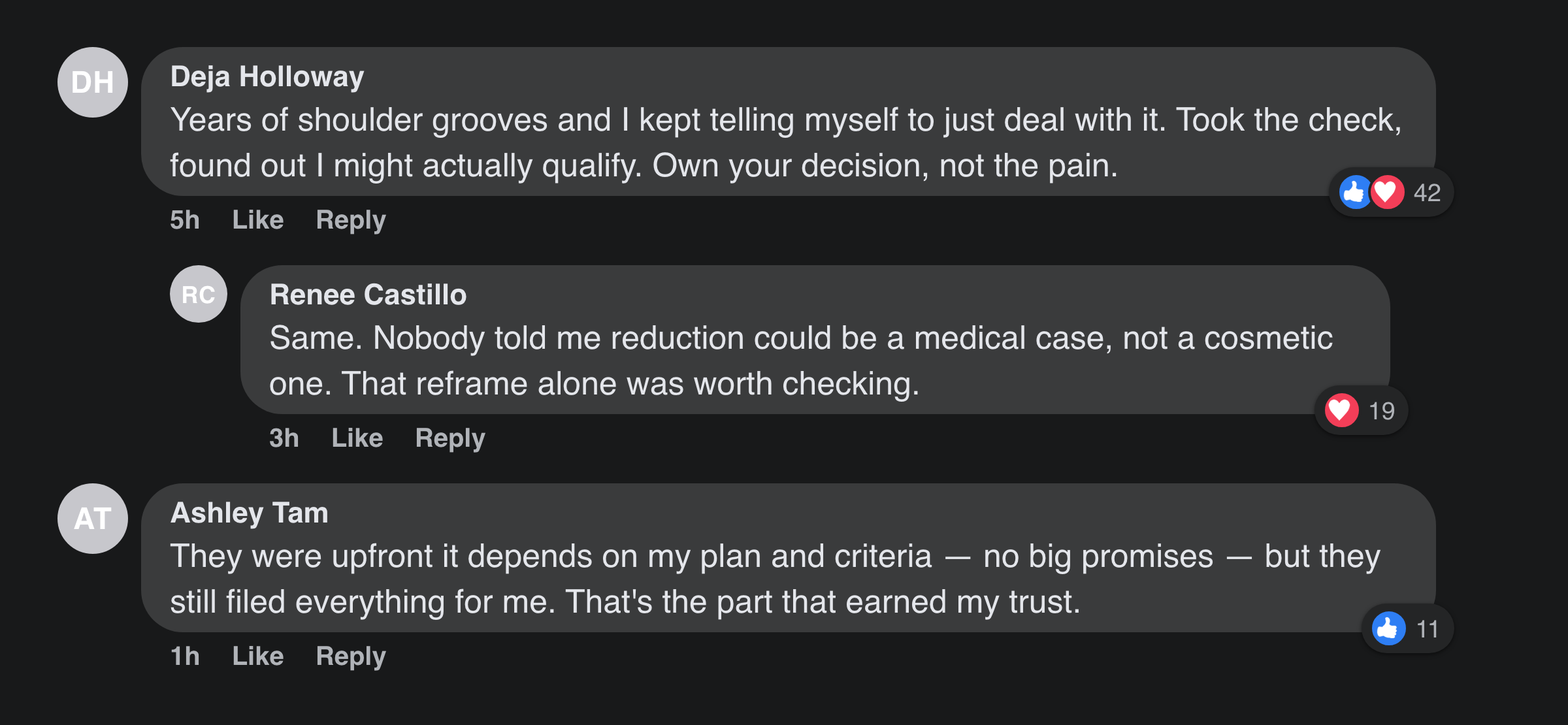 Facebook comments from women about checking coverage instead of assuming reduction was cosmetic-only