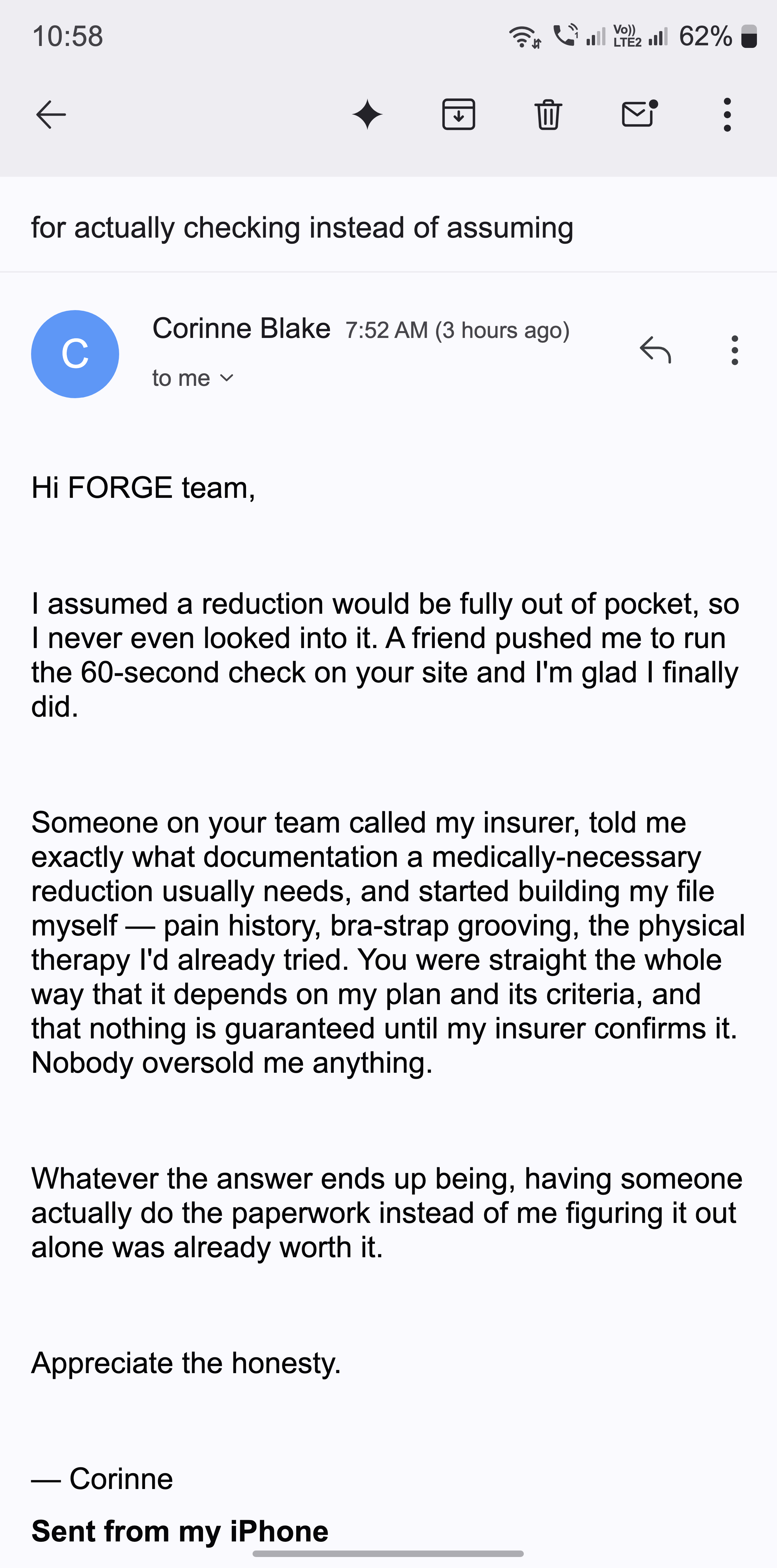 A thank-you email from a woman grateful the practice checked her coverage honestly instead of assuming