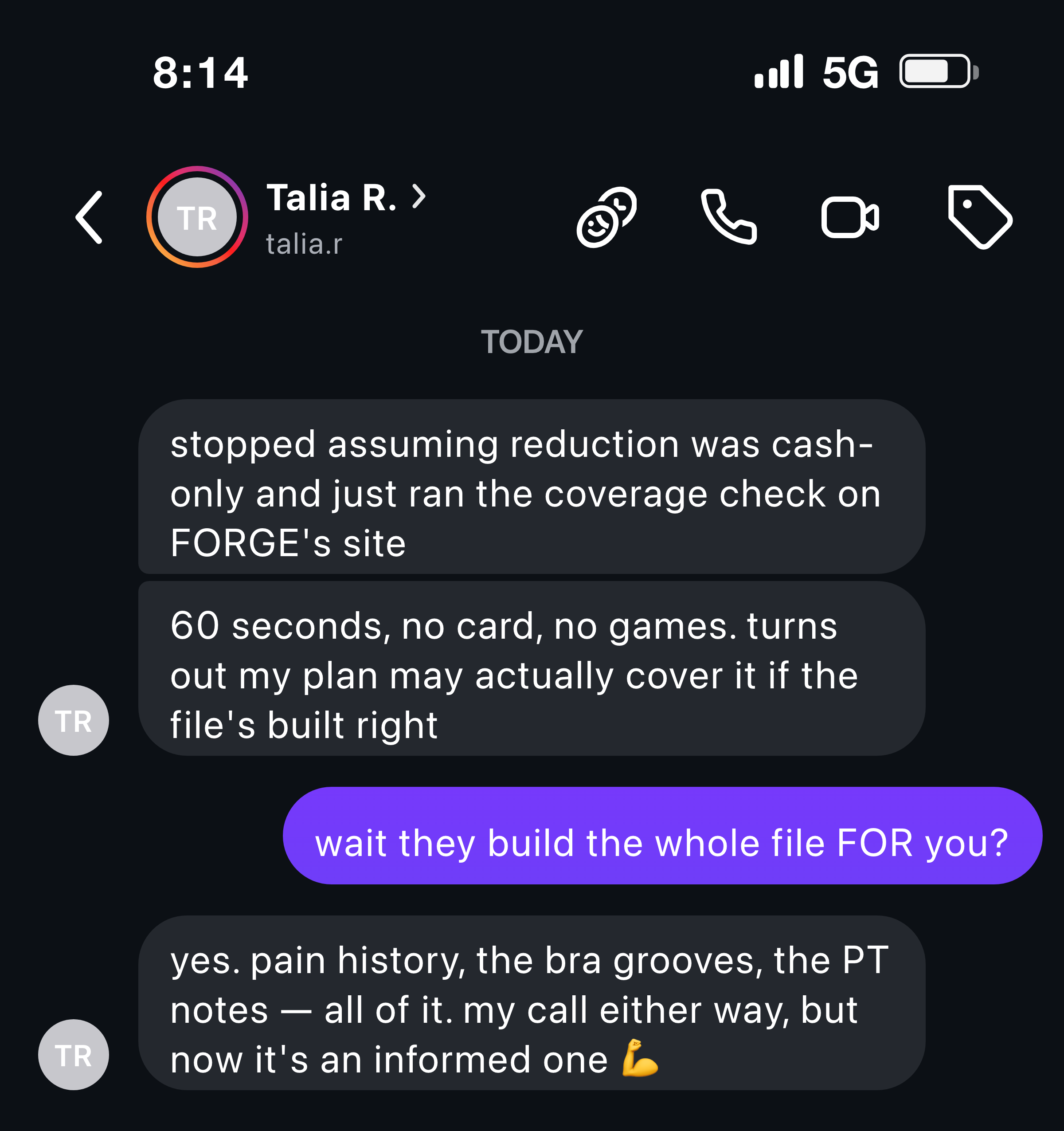Instagram message from a woman who ran the coverage check and learned her plan may cover a reduction