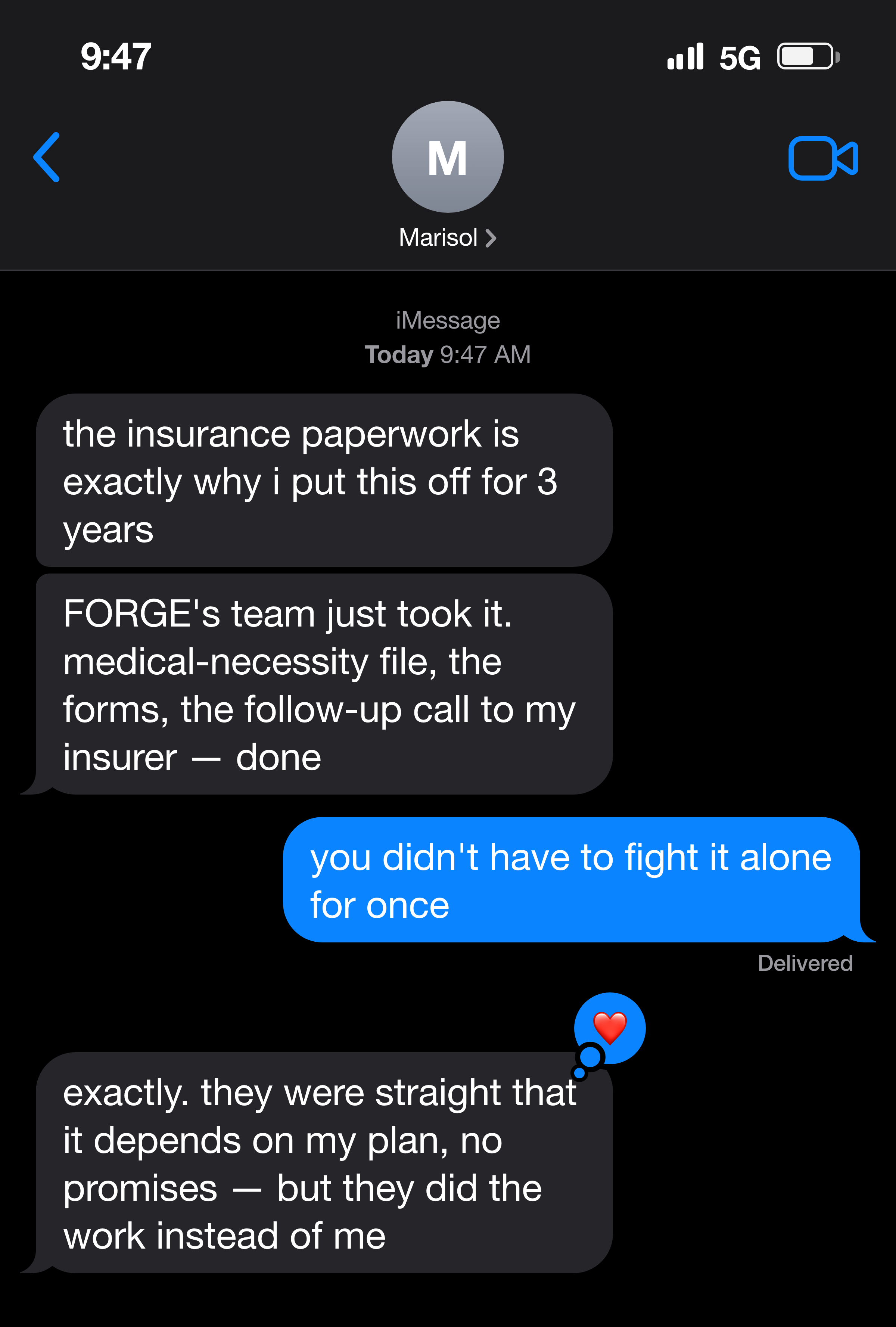 Text message from a woman relieved the clinic handled her insurance paperwork for her