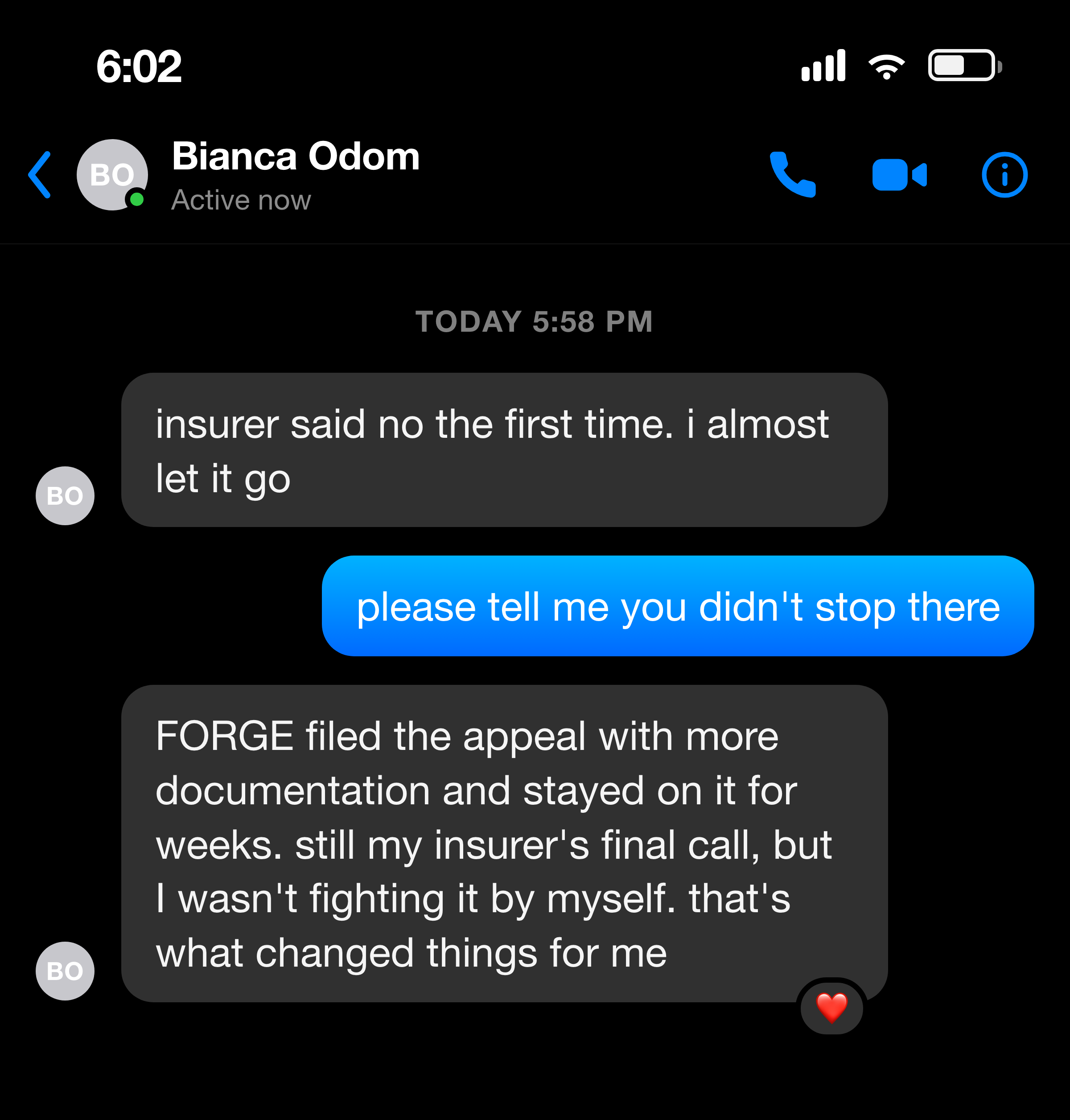 Messenger message from a woman whose denied claim was appealed and refiled by the clinic