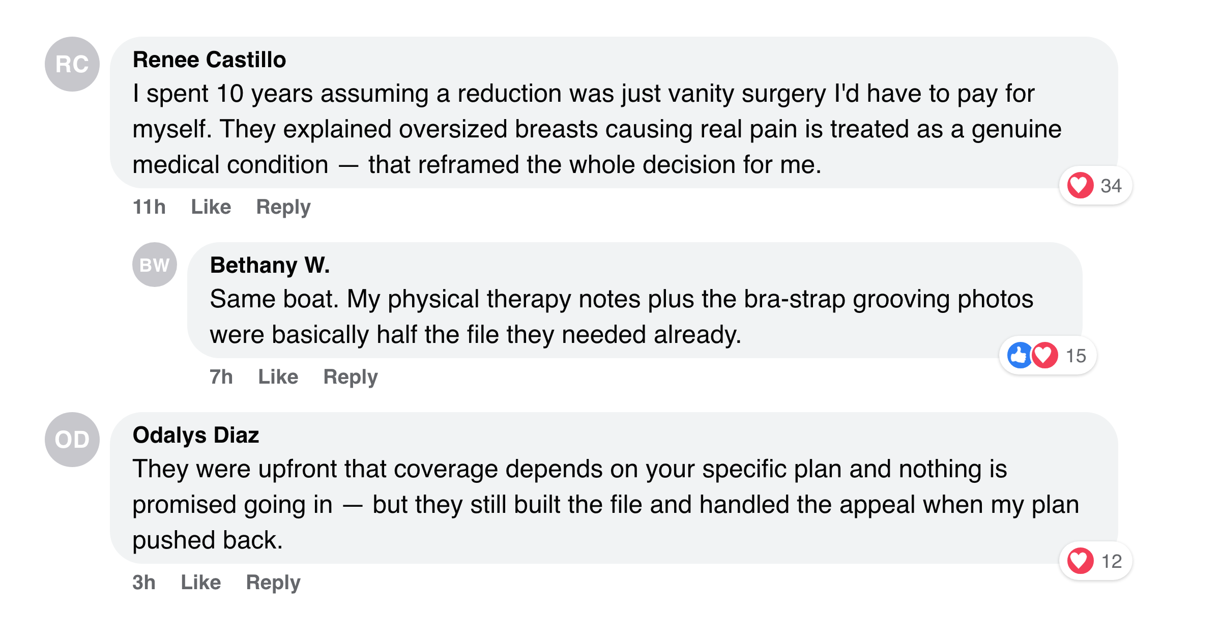Facebook comments about oversized breasts being a real medical condition, not vanity