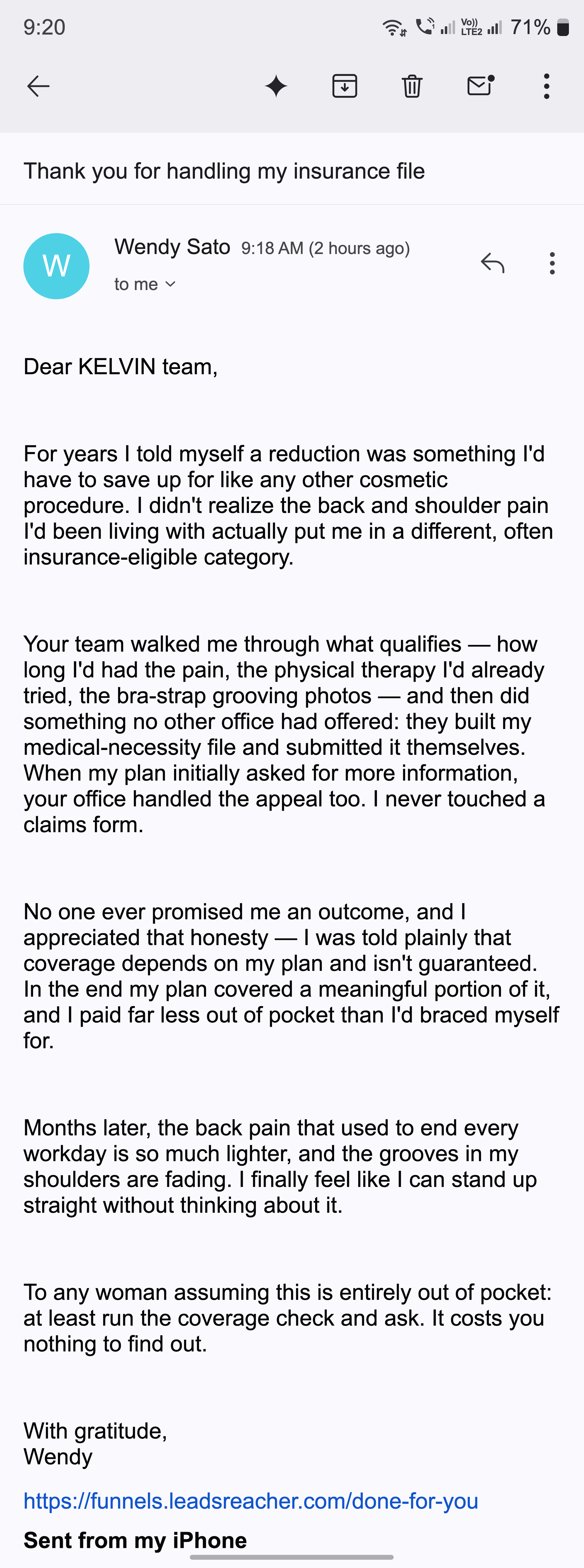 A thank-you email about the insurance file being built, filed and appealed