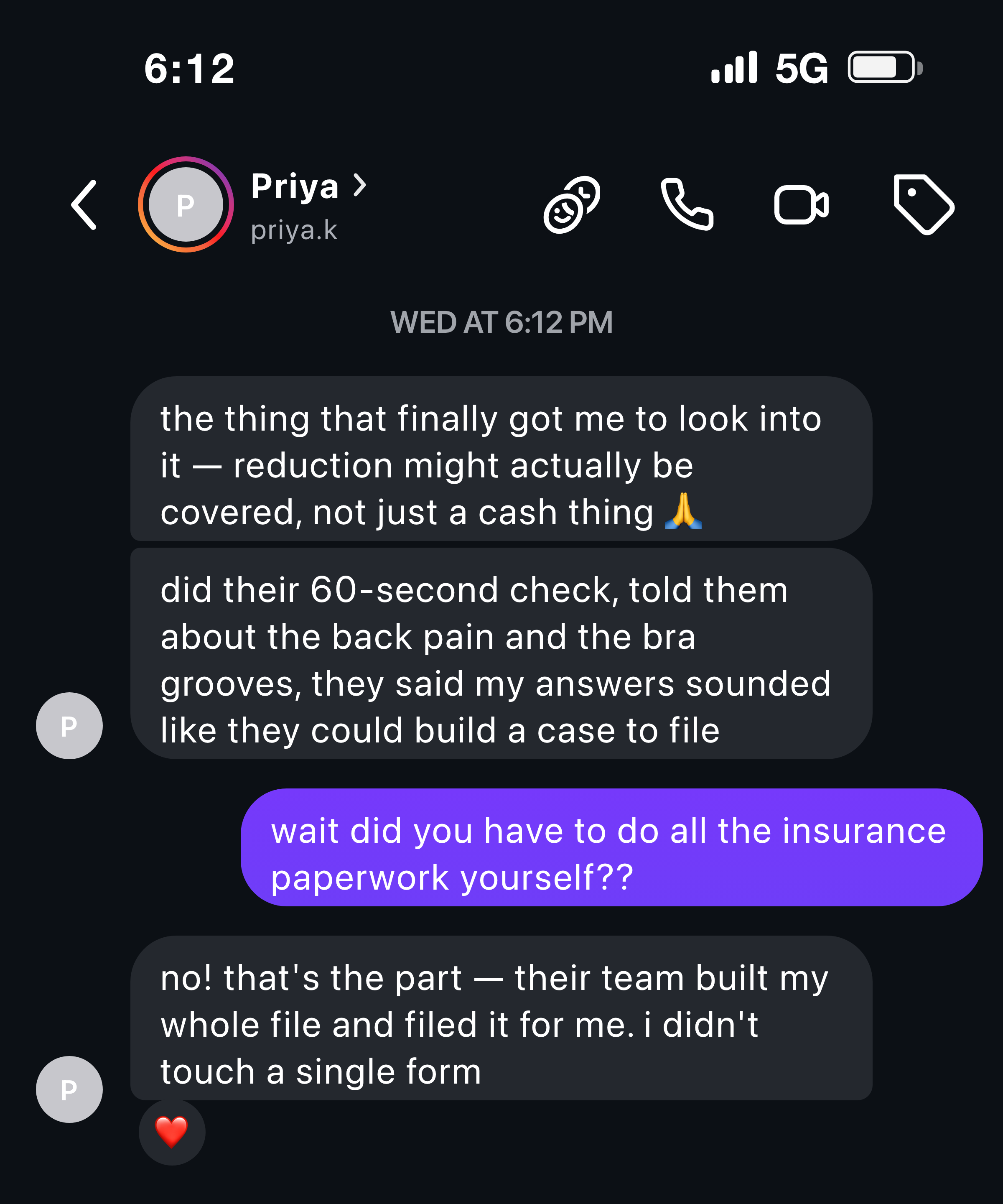 Instagram message about finding out a reduction might be covered, not just cash-pay