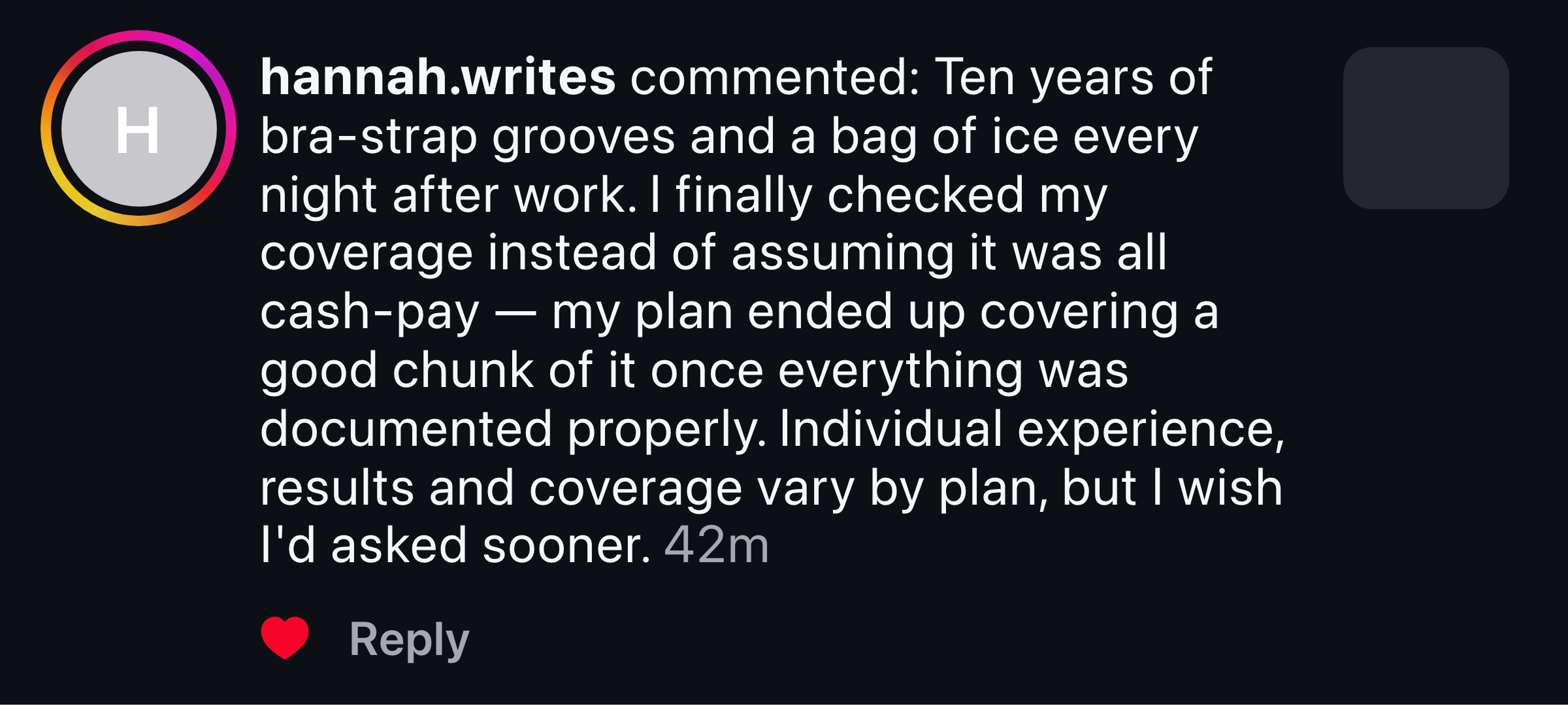 Instagram comment about ten years of bra-strap grooves and finally checking coverage