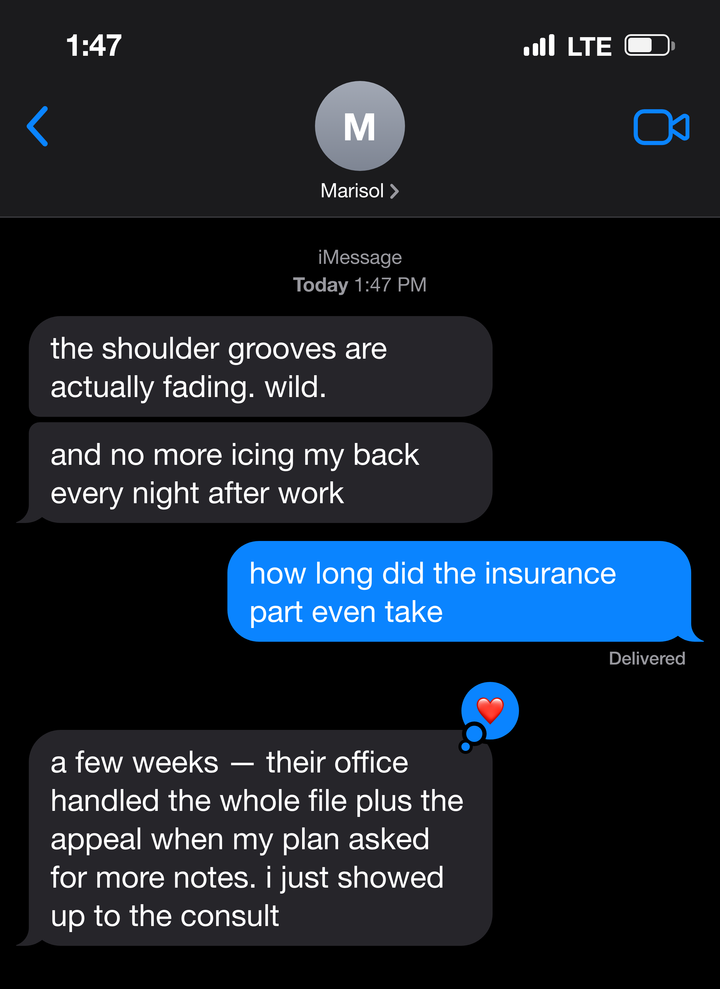 Text message about shoulder grooves fading and the insurance file being handled for her
