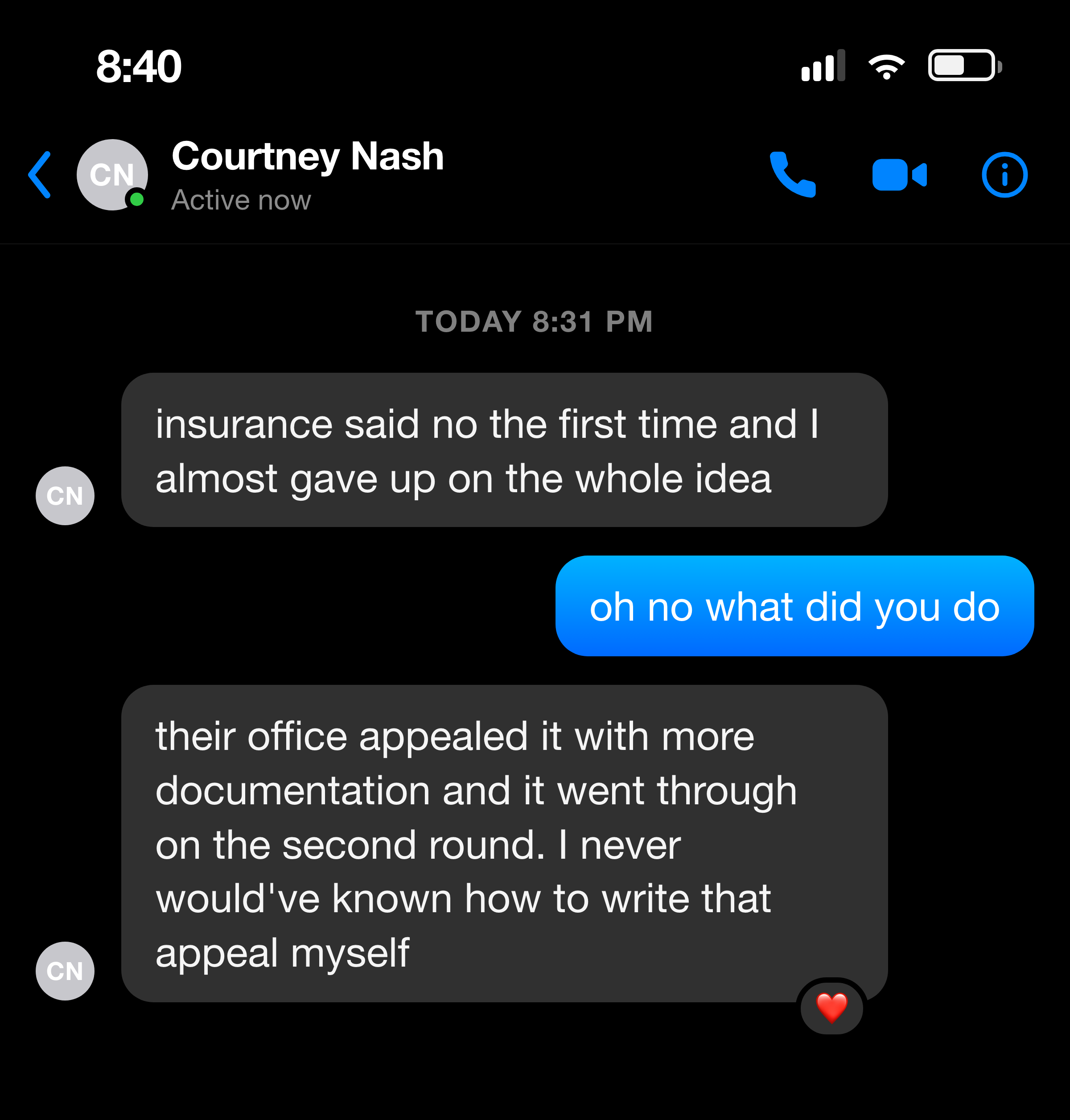 Messenger note about an insurance denial being appealed successfully