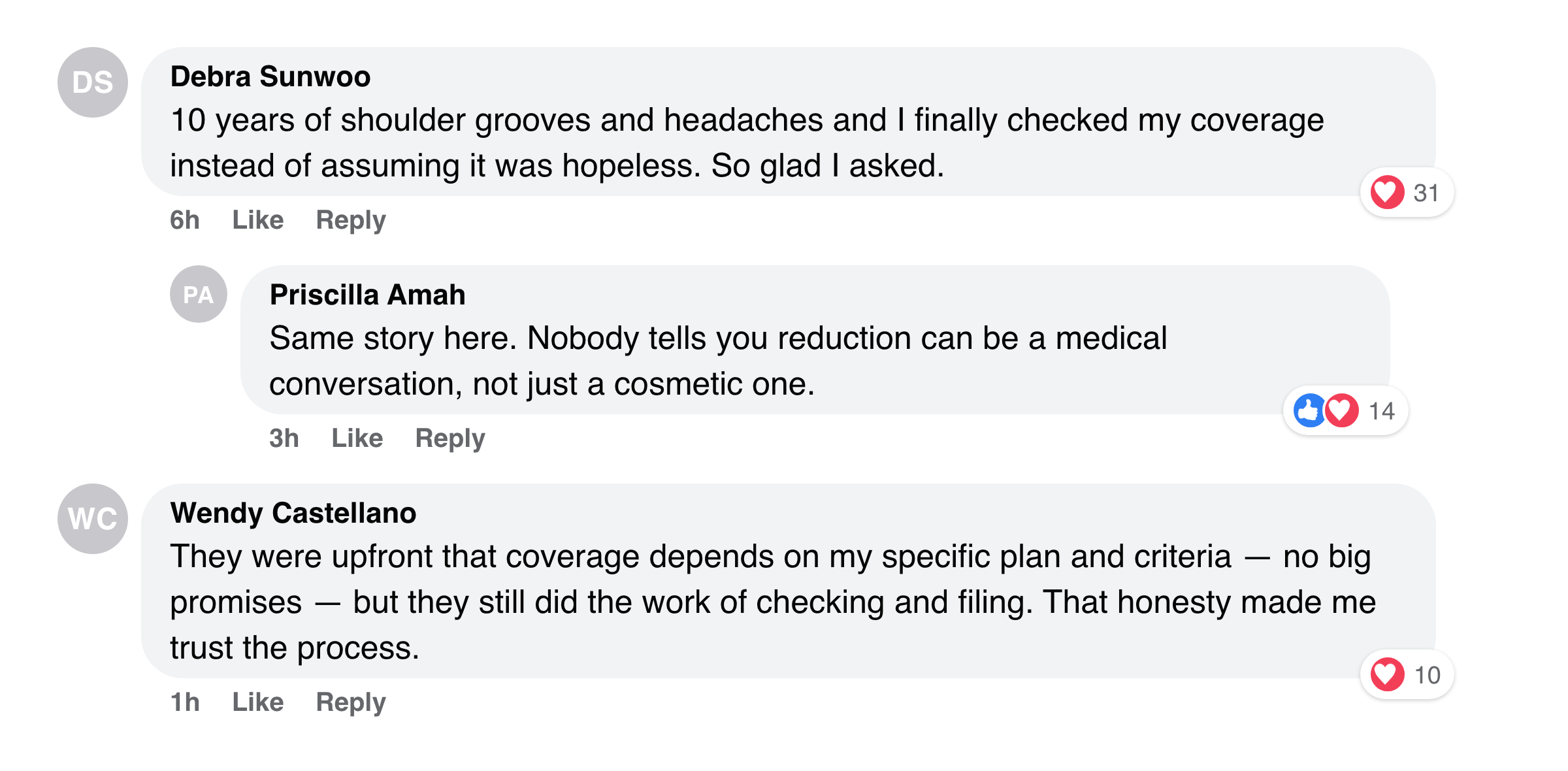 Facebook comments from patients about checking coverage instead of assuming it was hopeless