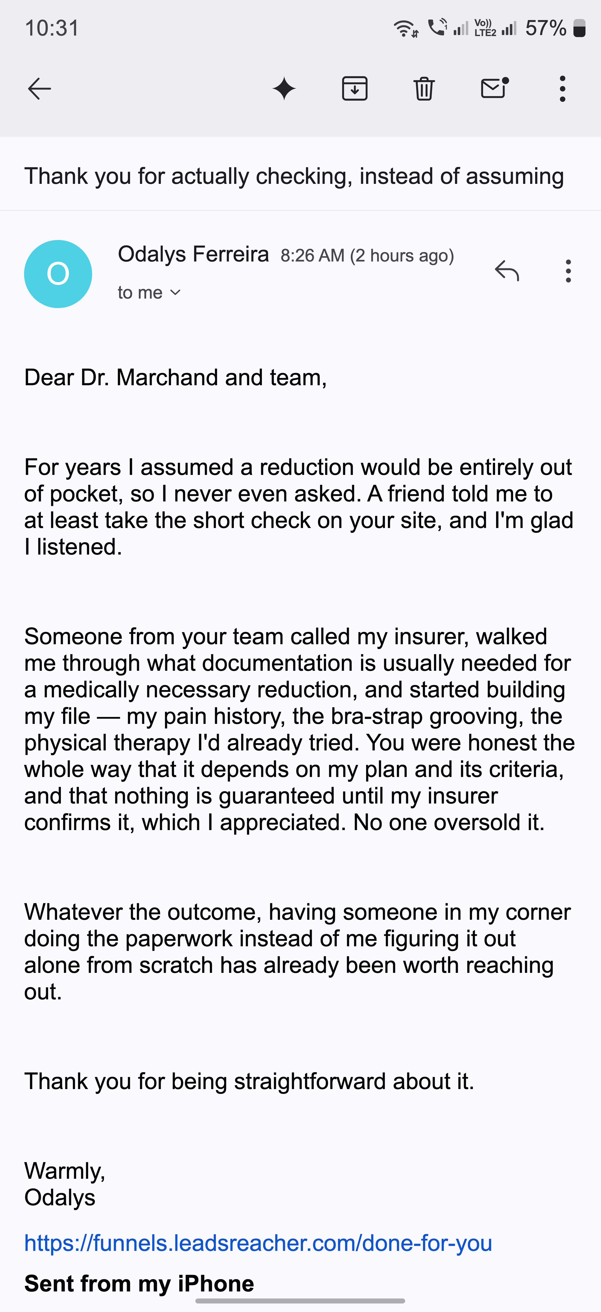 A thank-you email from a patient grateful the practice checked instead of assuming