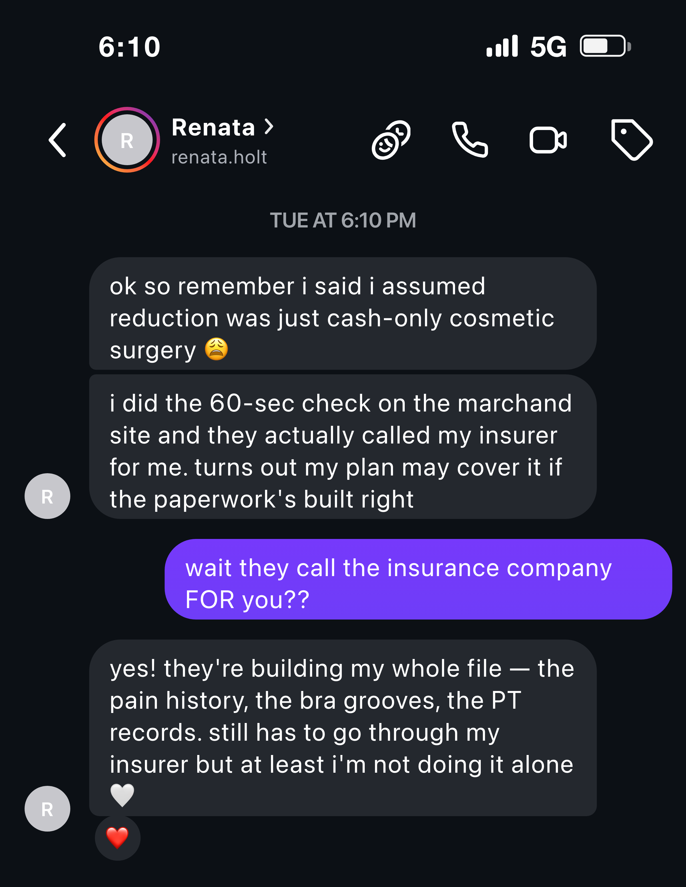 Instagram message from a patient about her insurance possibly covering her reduction