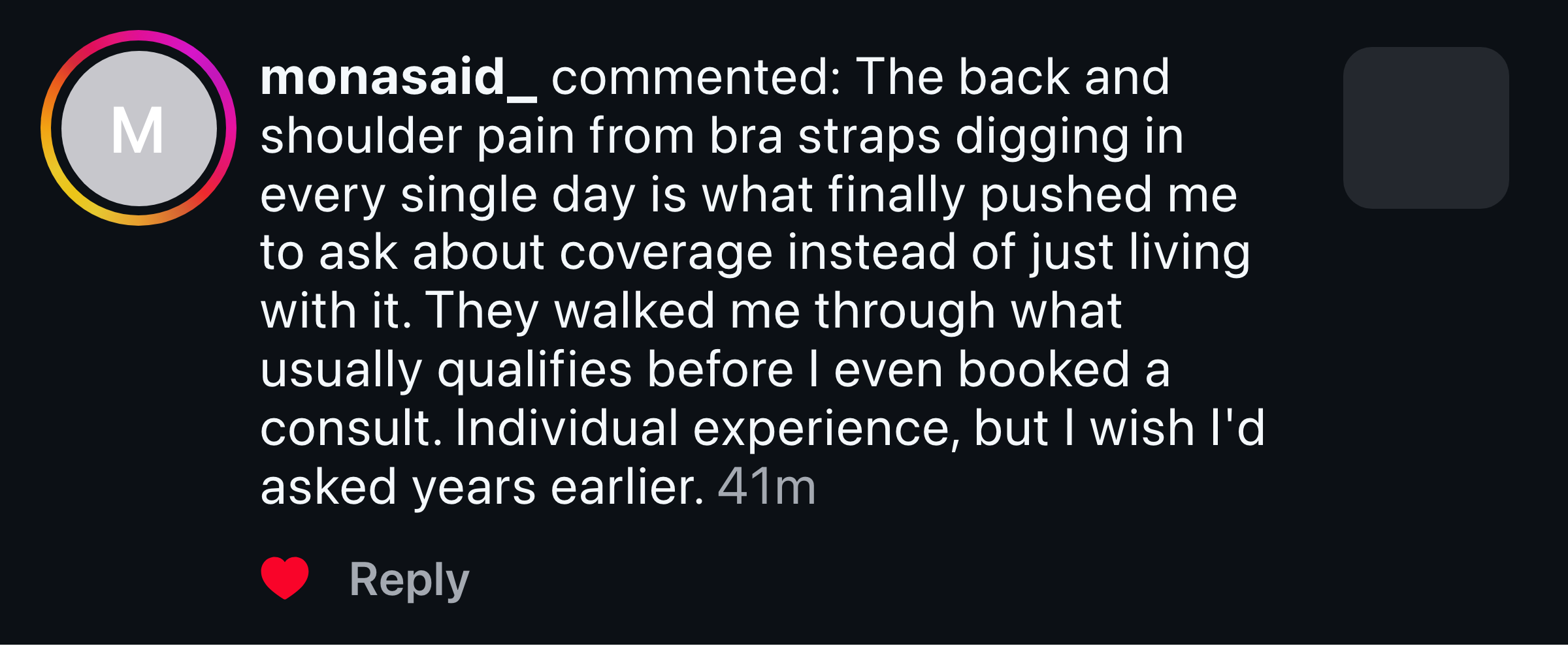 Instagram comment from a patient about finally asking about coverage for her shoulder pain