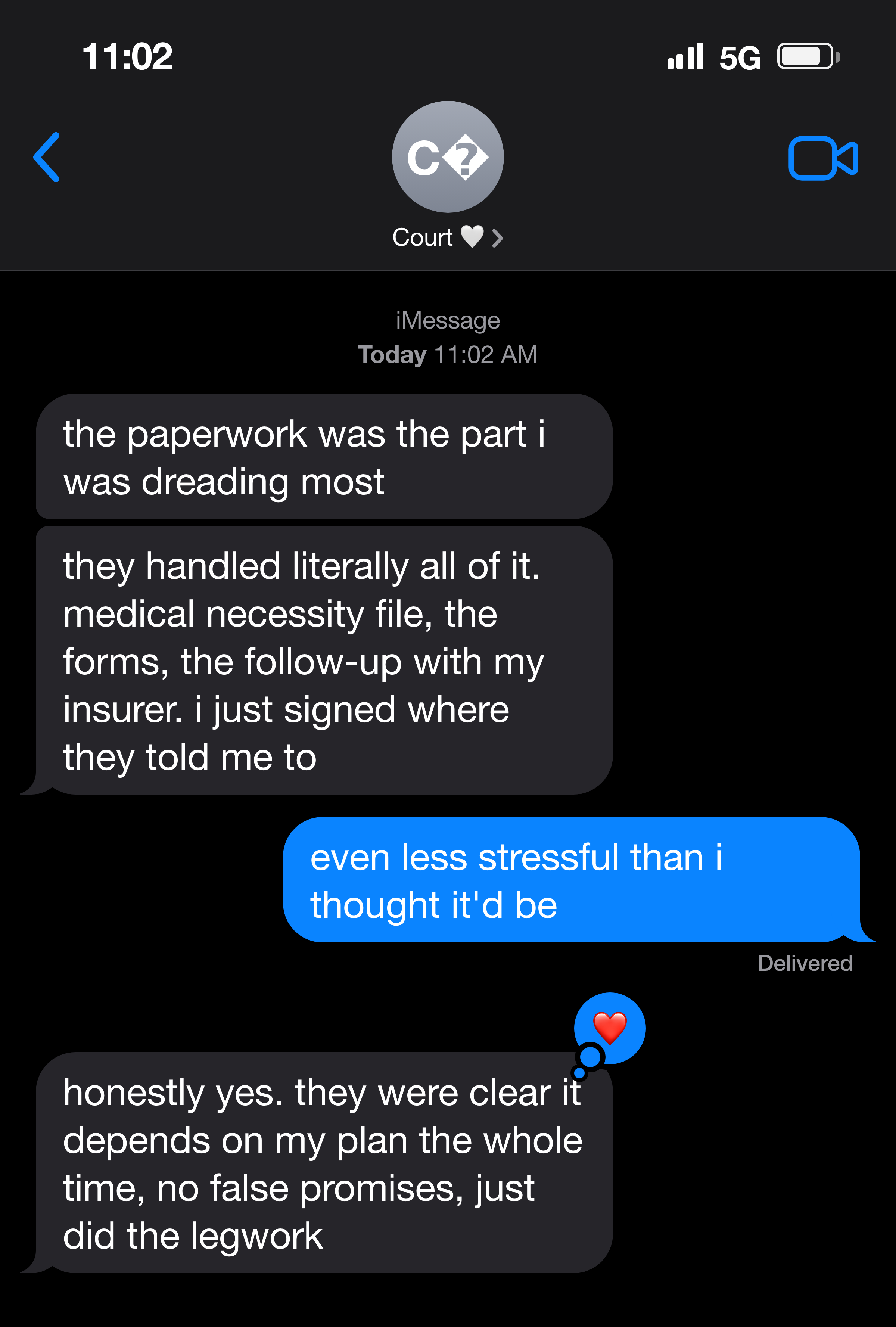 Text message from a patient relieved the clinic handled the paperwork