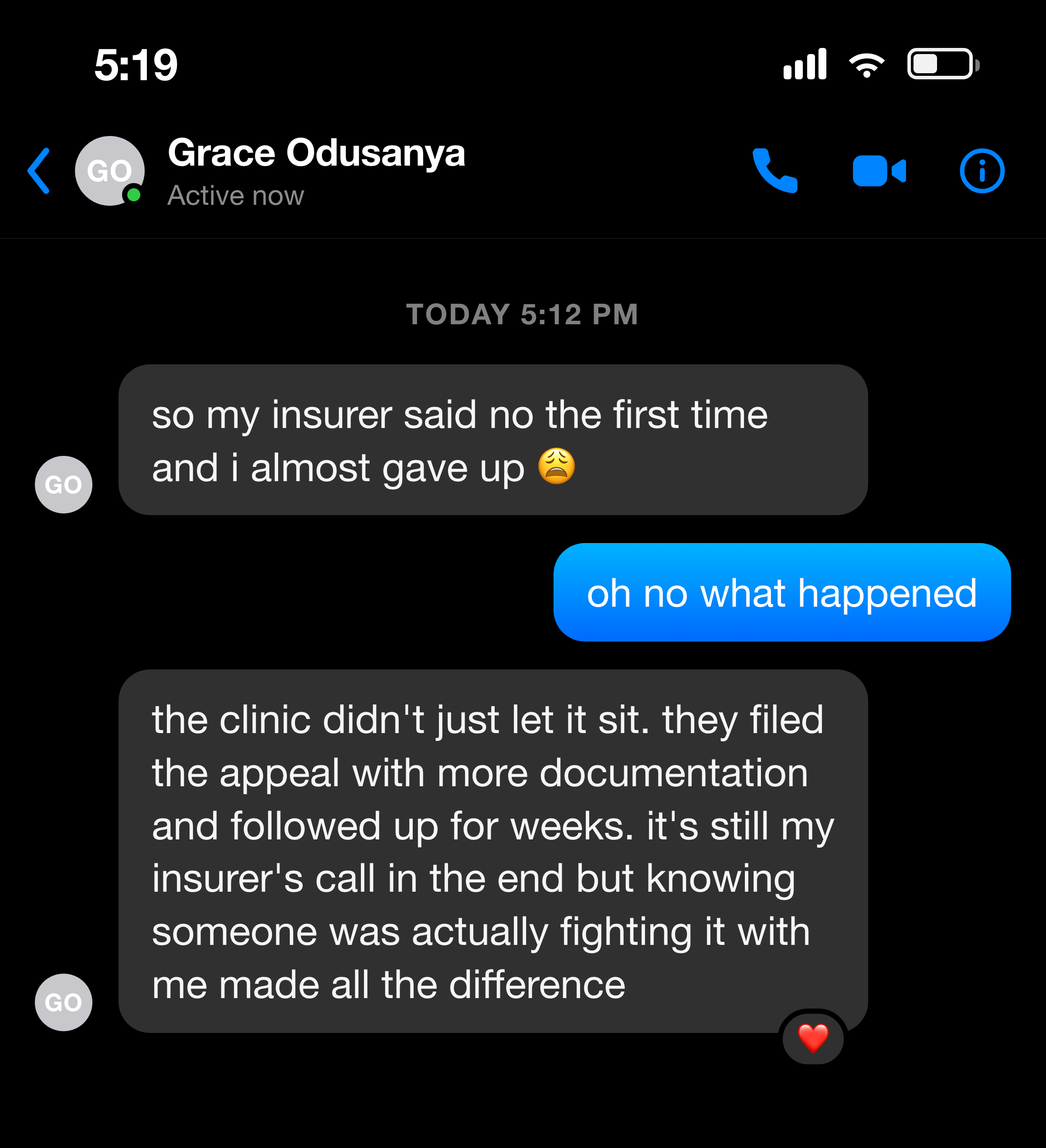 Messenger conversation about the clinic filing an appeal after an initial denial